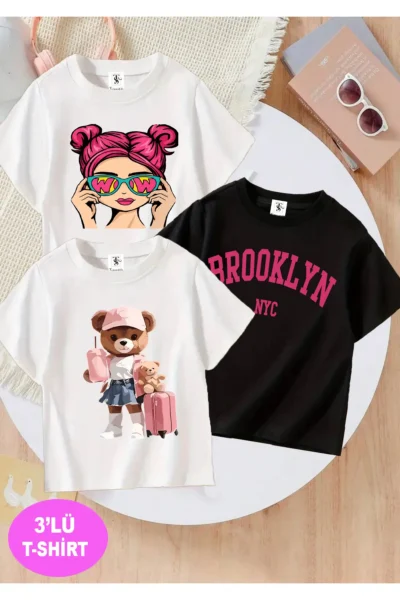 twins tailors Girl Printed 3-Pack Black-White Girls' T-Shirt