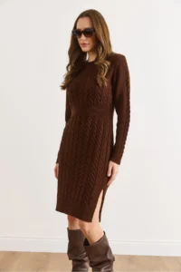 Olalook Women's Bitter Brown Waist Banded Slit Hair Knitted Mini Dress - Image 6