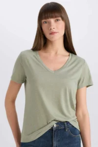 DeFacto Regular Fit V Neck Basic Plain Short Sleeve T-Shirt