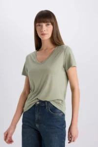 DeFacto Regular Fit V Neck Basic Plain Short Sleeve T-Shirt - Image 3