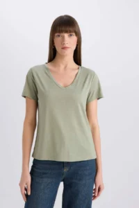 DeFacto Regular Fit V Neck Basic Plain Short Sleeve T-Shirt - Image 4