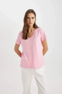 DeFacto 100% Cotton Regular Fit V-Neck Basic Plain Short Sleeve T-Shirt