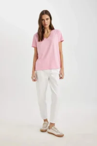 DeFacto 100% Cotton Regular Fit V-Neck Basic Plain Short Sleeve T-Shirt - Image 2
