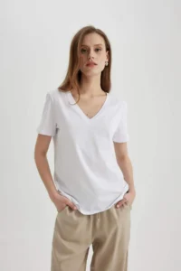 DeFacto 100% Cotton Regular Fit V-Neck Basic Plain Short Sleeve T-Shirt