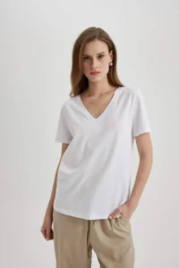 DeFacto 100% Cotton Regular Fit V-Neck Basic Plain Short Sleeve T-Shirt - Image 3