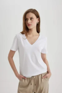DeFacto 100% Cotton Regular Fit V-Neck Basic Plain Short Sleeve T-Shirt - Image 4
