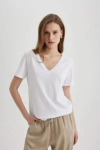 DeFacto 100% Cotton Regular Fit V-Neck Basic Plain Short Sleeve T-Shirt - Image 5