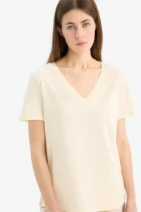 DeFacto Regular Fit V-Neck Basic Plain Combed Cotton Short Sleeve T-Shirt