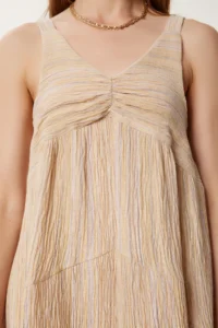 Happiness İstanbul Women's Cream Gathered Collar A-Line Summer Knitted Dress - Image 3