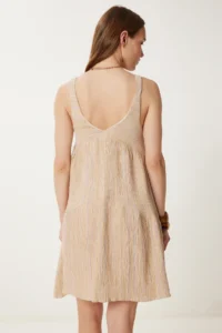 Happiness İstanbul Women's Cream Gathered Collar A-Line Summer Knitted Dress - Image 4