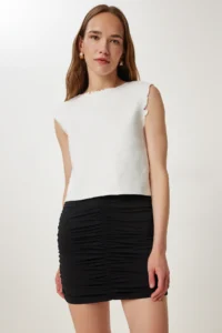 Happiness İstanbul Women Black Shirred Flexible Mini Knitting Skirt - Image 2