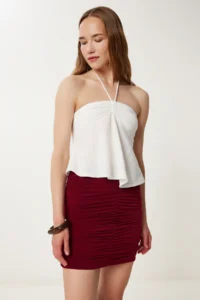Happiness İstanbul Women Burgundy Shirred Flexible Mini Knitting Skirt