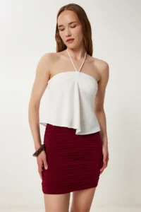 Happiness İstanbul Women Burgundy Shirred Flexible Mini Knitting Skirt - Image 2