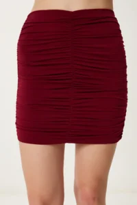 Happiness İstanbul Women Burgundy Shirred Flexible Mini Knitting Skirt - Image 3