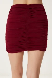 Happiness İstanbul Women Burgundy Shirred Flexible Mini Knitting Skirt - Image 4