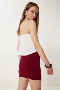 Happiness İstanbul Women Burgundy Shirred Flexible Mini Knitting Skirt - Image 5