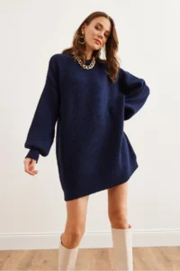Olalook Navy Blue Crew Neck Balloon Sleeve Soft Textured Knitwear Tunic Dress - Image 6