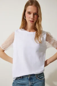 Happiness İstanbul Women's White Sleeves Tulle Detailed Knitted T-Shirt - Image 2