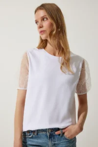 Happiness İstanbul Women's White Sleeves Tulle Detailed Knitted T-Shirt - Image 3