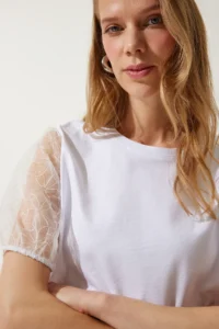 Happiness İstanbul Women's White Sleeves Tulle Detailed Knitted T-Shirt - Image 4