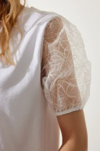 Happiness İstanbul Women's White Sleeves Tulle Detailed Knitted T-Shirt - Image 5