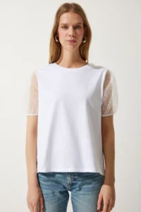 Happiness İstanbul Women's White Sleeves Tulle Detailed Knitted T-Shirt - Image 6