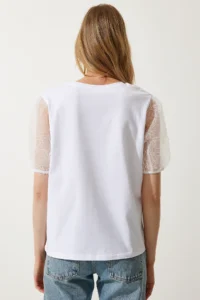 Happiness İstanbul Women's White Sleeves Tulle Detailed Knitted T-Shirt - Image 7