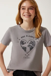 Happiness İstanbul Women Gray Printed Knitting T-Shirt