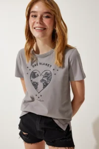 Happiness İstanbul Women Gray Printed Knitting T-Shirt - Image 2