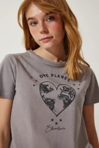 Happiness İstanbul Women Gray Printed Knitting T-Shirt - Image 3