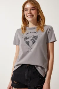 Happiness İstanbul Women Gray Printed Knitting T-Shirt - Image 4