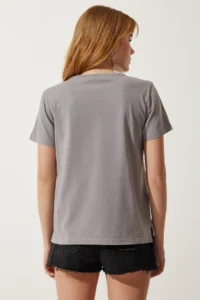 Happiness İstanbul Women Gray Printed Knitting T-Shirt - Image 6