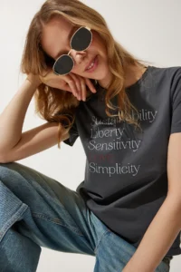 Happiness İstanbul Women Smoke Gray Printed 100% Cotton Knitting T-Shirt