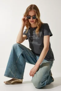 Happiness İstanbul Women Smoke Gray Printed 100% Cotton Knitting T-Shirt - Image 2
