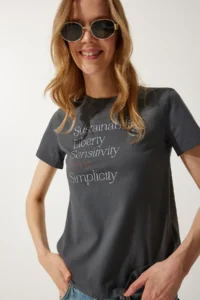 Happiness İstanbul Women Smoke Gray Printed 100% Cotton Knitting T-Shirt - Image 3