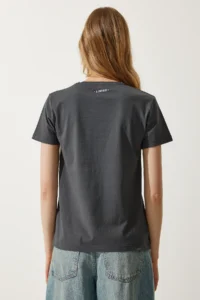 Happiness İstanbul Women Smoke Gray Printed 100% Cotton Knitting T-Shirt - Image 6