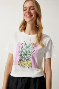 Happiness İstanbul Women's White Printed 100% Cotton Knitted T-Shirt - Image 2