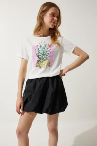 Happiness İstanbul Women's White Printed 100% Cotton Knitted T-Shirt - Image 3