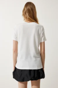 Happiness İstanbul Women's White Printed 100% Cotton Knitted T-Shirt - Image 6