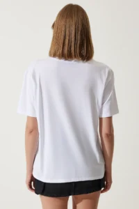 Happiness İstanbul Women White Printed Oversized Knitting T-Shirt - Image 5