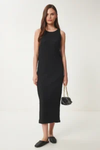 Happiness İstanbul Women Black Basic Ribbed Midi Knitting Dress