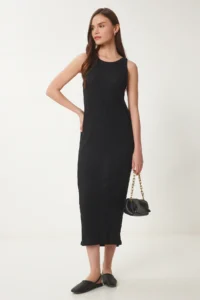 Happiness İstanbul Women Black Basic Ribbed Midi Knitting Dress - Image 2