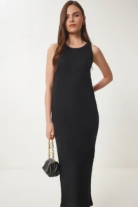 Happiness İstanbul Women Black Basic Ribbed Midi Knitting Dress - Image 3