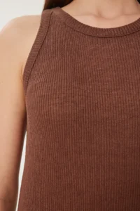Happiness İstanbul Women's Brown Basic Ribbed Midi Knitted Dress - Image 4