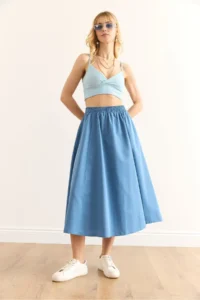 Olalook Women's Indigo Pocketed Elastic Waist Midi Woven Bell Skirt - Image 6