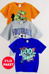 twins tailors Football And Dinosaur Printed 3-Pack Unisex Grey-Orange-Sax Blue Children's T-Shirt