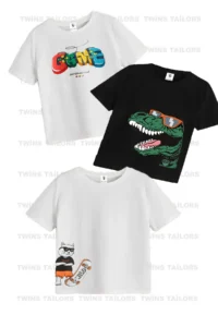 twins tailors Dinosaur Printed 3-Pack Unisex Black-White Kids T-Shirt/T-Shirt