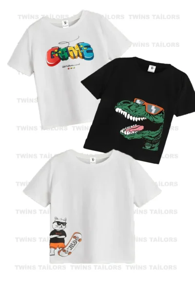 twins tailors Dinosaur Printed 3-Pack Unisex Black-White Kids T-Shirt/T-Shirt