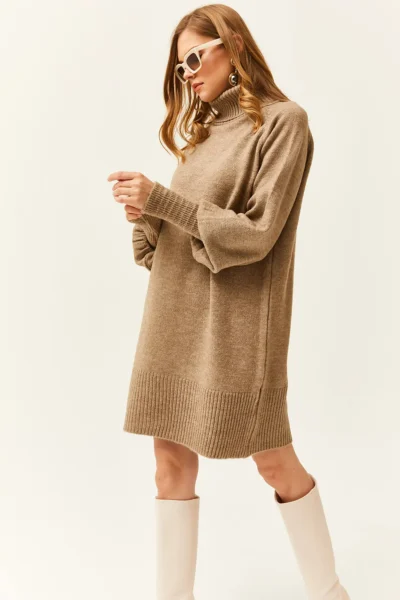Olalook Women's Mink Turtleneck Balloon Sleeve Loose Knitwear Dress