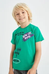 DeFacto Boy's Regular Fit Slogan Printed Crew Neck Short Sleeve Cotton T-Shirt